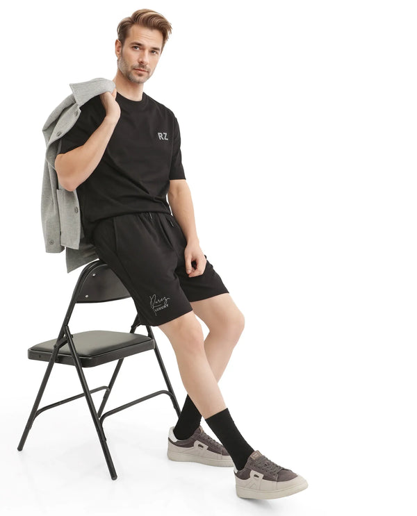 Rare Rabbit Men Cade-B Black Cotton Fabric Drawstring Closure Oversized Fit Plain Shorts