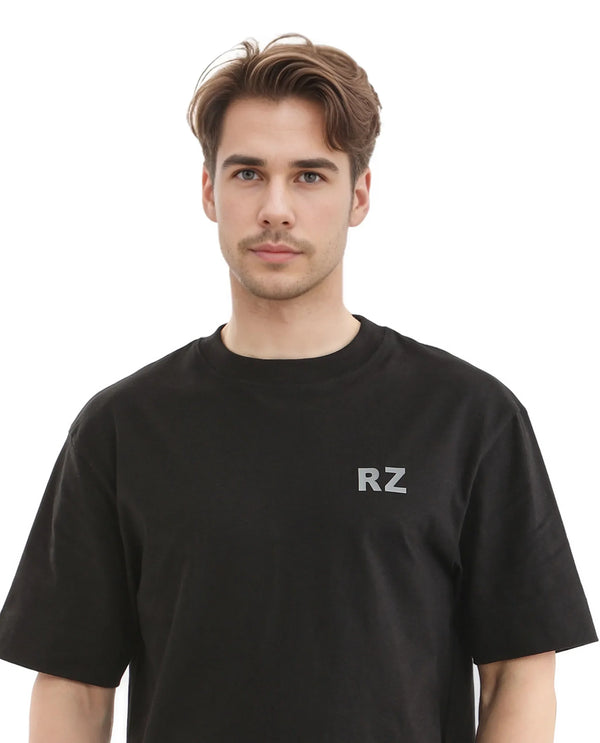 Rare Rabbit Men Cade Black Short Sleeve Crew Neck Oversized Fit Typography Print T-Shirt