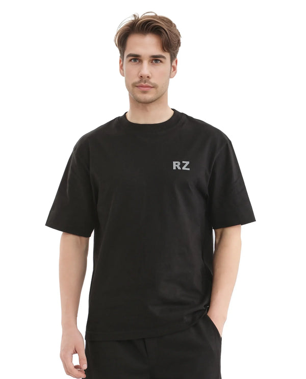 Rare Rabbit Men Cade Black Short Sleeve Crew Neck Oversized Fit Typography Print T-Shirt