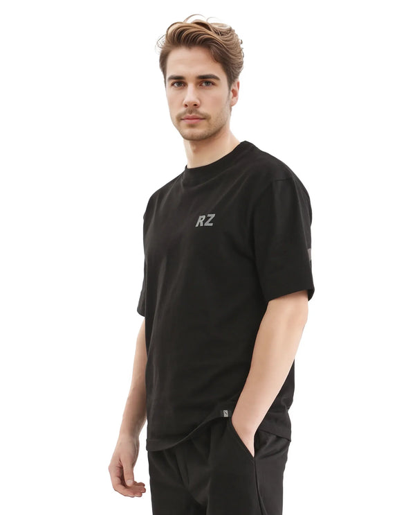 Rare Rabbit Men Cade Black Short Sleeve Crew Neck Oversized Fit Typography Print T-Shirt