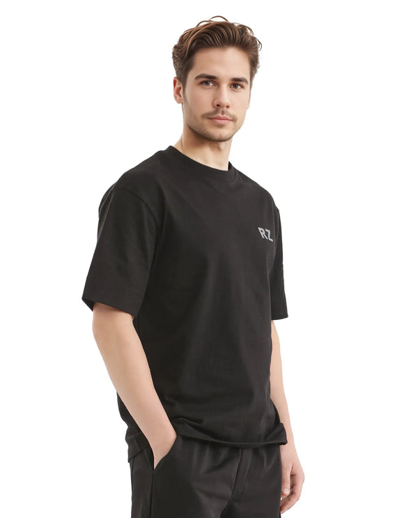 Rare Rabbit Men Cade Black Short Sleeve Crew Neck Oversized Fit Typography Print T-Shirt
