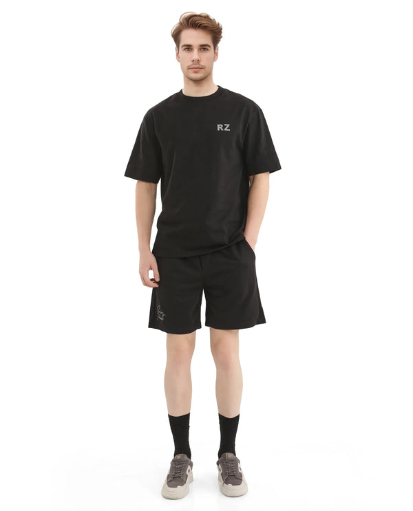 Rare Rabbit Men Cade Black Short Sleeve Crew Neck Oversized Fit Typography Print T-Shirt