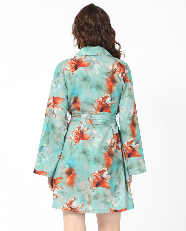 Rareism Women Caden Blue Cotton Fabric Full Sleeves Lapel Neck Bell Sleeve Regular Fit Abstract Print Short Boxy Dress