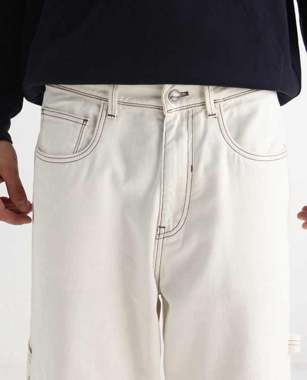 Rare Rabbit Men Cade White Cotton Fabric Button And Zip Closure Baggy Loose Fit Plain Jeans