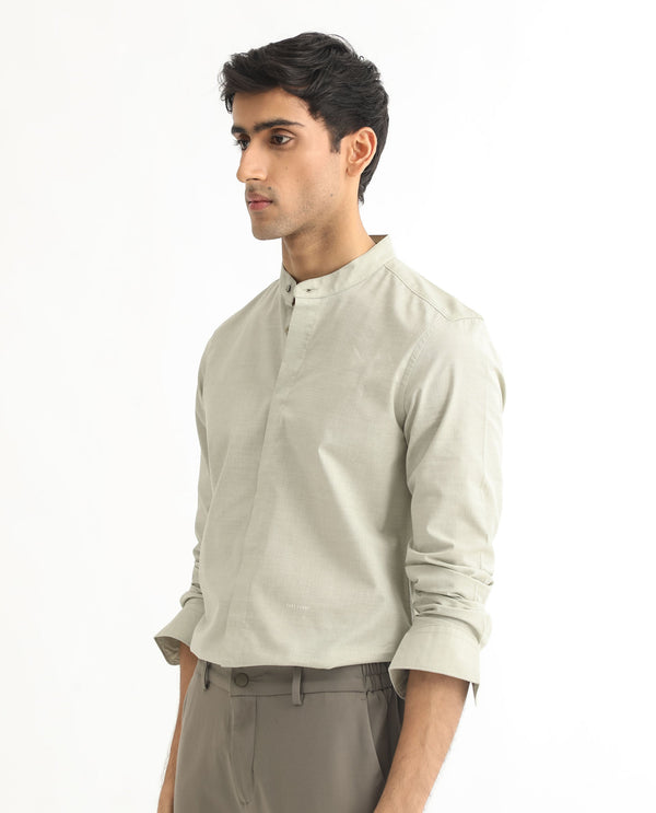 Rare Rabbit Men's Cadmi Light Green Mandarin Collar Dobby Full Sleeves Solid Shirt