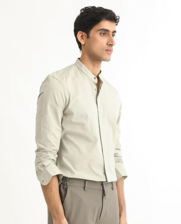 Rare Rabbit Men's Cadmi Light Green Mandarin Collar Dobby Full Sleeves Solid Shirt