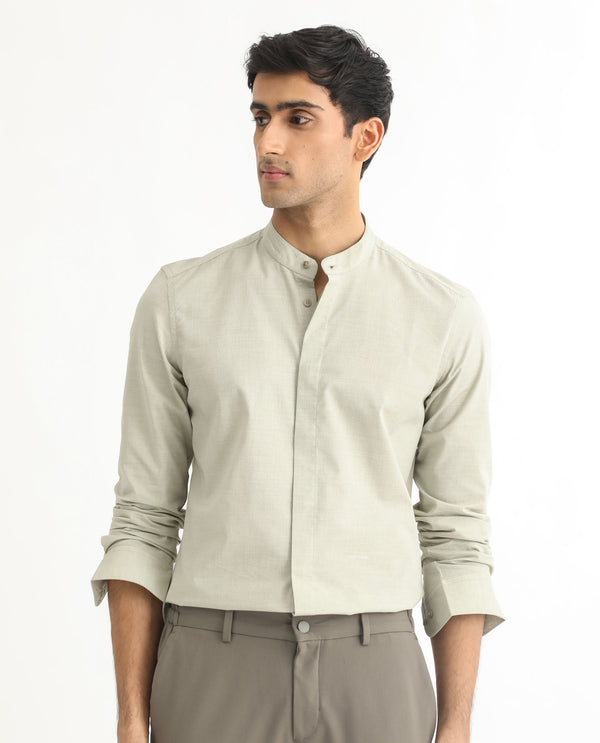 Rare Rabbit Men's Cadmi Light Green Mandarin Collar Dobby Full Sleeves Solid Shirt