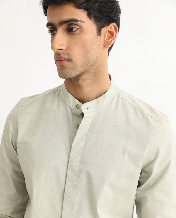 Rare Rabbit Men's Cadmi Light Green Mandarin Collar Dobby Full Sleeves Solid Shirt