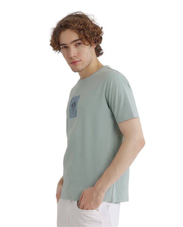 Rare Rabbit Men Caf Dusky Green Short Sleeve Crew Neck Graphic Print T-Shirt