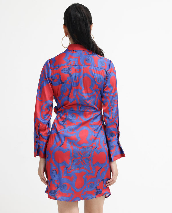 Rareism Women Cager Red Cuffed Sleeve Regular Collar Loop Wrap Abstract Print Mini Dress