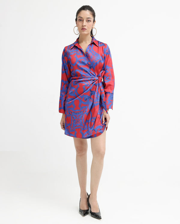 Rareism Women Cager Red Cuffed Sleeve Regular Collar Loop Wrap Abstract Print Mini Dress