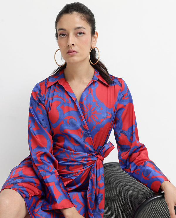 Rareism Women Cager Red Cuffed Sleeve Regular Collar Loop Wrap Abstract Print Mini Dress