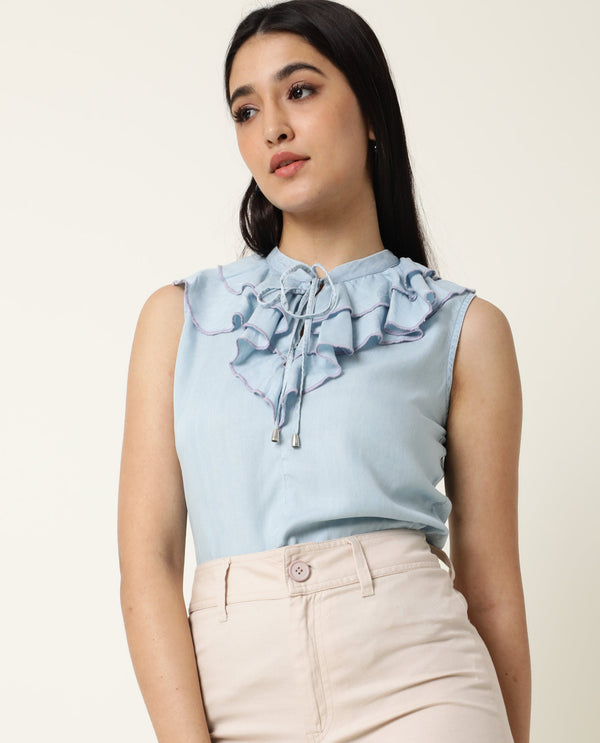 Rareism Women Cage Light Blue Tencel Fabric Tailored Fit Key Hole Neck Sleeveless Solid Top