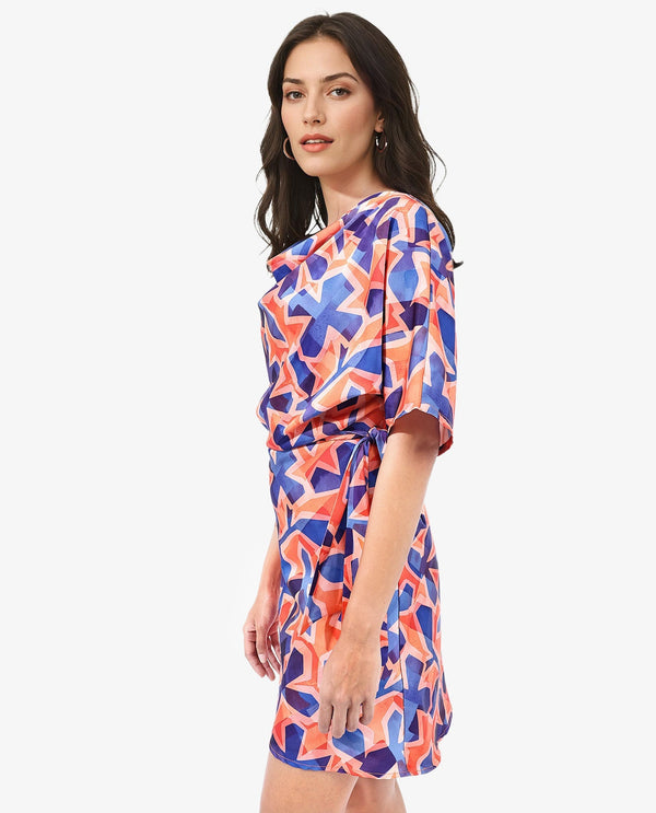 Rareism Women's Cagliari Multi Polyester Fabric Cowl Neck Zipper Closure Extended Sleeve Abstract A-Line Mini Dress
