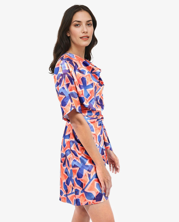 Rareism Women's Cagliari Multi Polyester Fabric Cowl Neck Zipper Closure Extended Sleeve Abstract A-Line Mini Dress