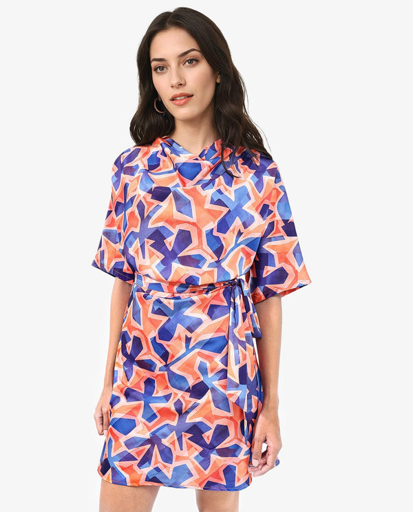 Rareism Women's Cagliari Multi Polyester Fabric Cowl Neck Zipper Closure Extended Sleeve Abstract A-Line Mini Dress