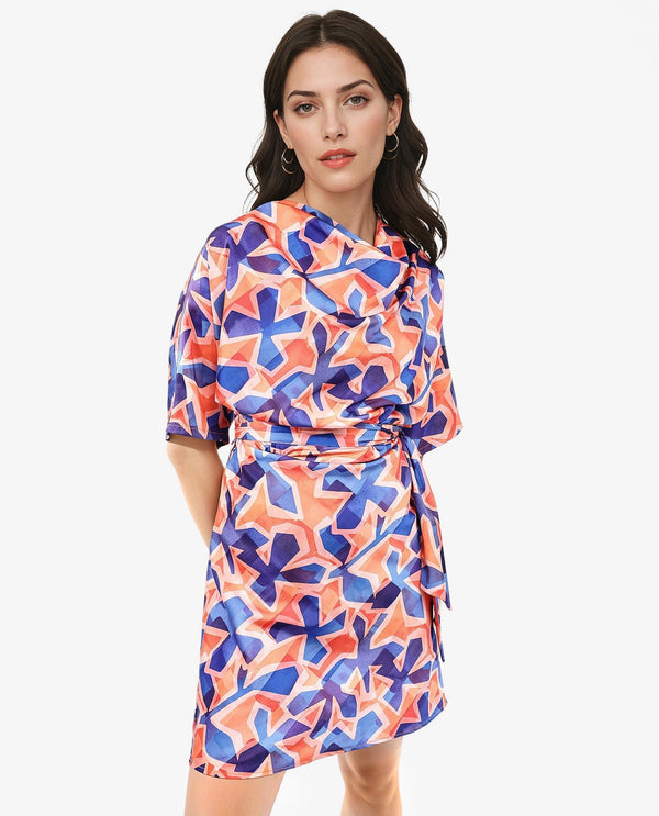 Rareism Women's Cagliari Multi Polyester Fabric Cowl Neck Zipper Closure Extended Sleeve Abstract A-Line Mini Dress