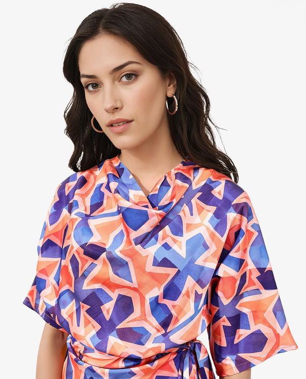 Rareism Women's Cagliari Multi Polyester Fabric Cowl Neck Zipper Closure Extended Sleeve Abstract A-Line Mini Dress