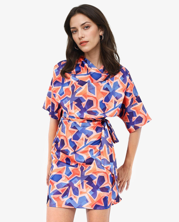 Rareism Women's Cagliari Multi Polyester Fabric Cowl Neck Zipper Closure Extended Sleeve Abstract A-Line Mini Dress