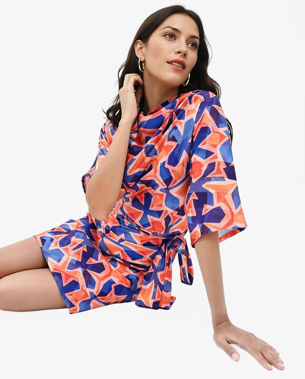 Rareism Women's Cagliari Multi Polyester Fabric Cowl Neck Zipper Closure Extended Sleeve Abstract A-Line Mini Dress