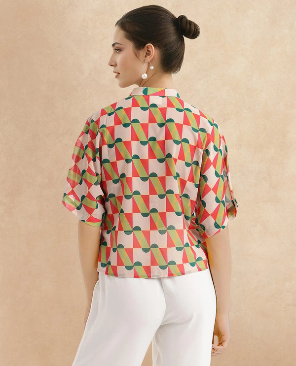 Rareism Women Cajeme Multi Extended Sleeves Relaxed Fit Geometric Print Shrug