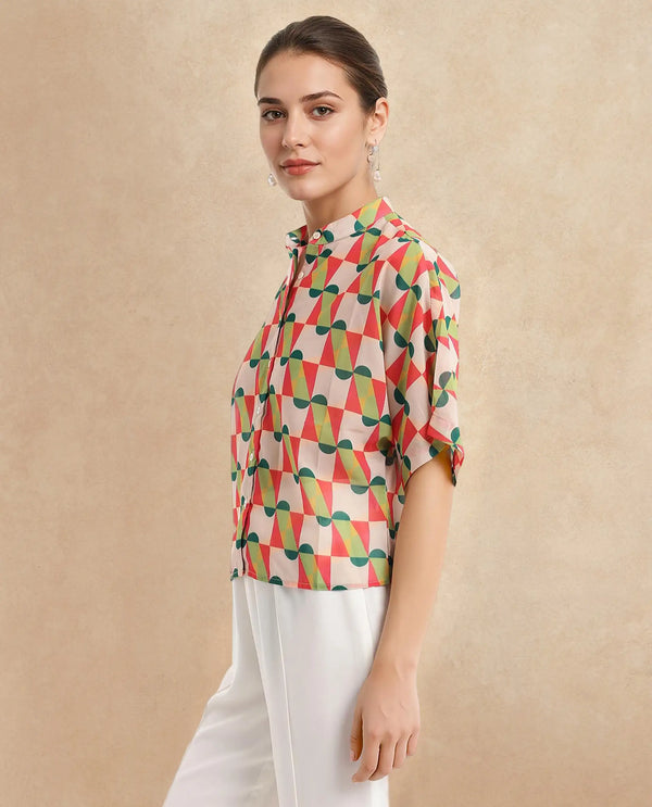 Rareism Women Cajeme Multi Extended Sleeves Relaxed Fit Geometric Print Shrug