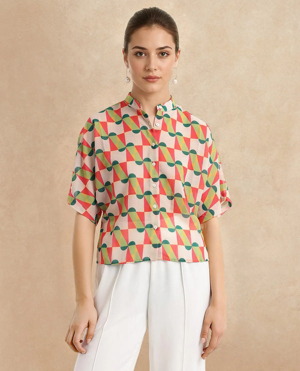 Rareism Women Cajeme Multi Extended Sleeves Relaxed Fit Geometric Print Shrug