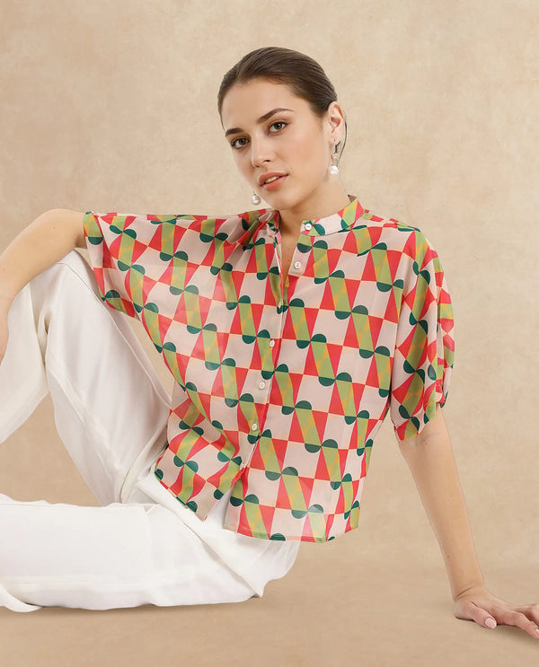 Rareism Women Cajeme Multi Extended Sleeves Relaxed Fit Geometric Print Shrug