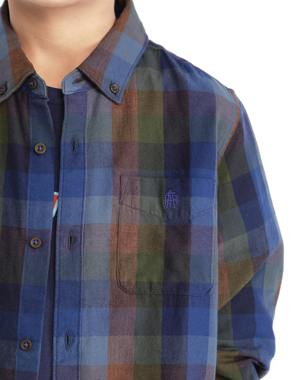 Rare Ones Kids Cal Blue Cotton Poly Full Sleeve Button Down Checked  Shirt