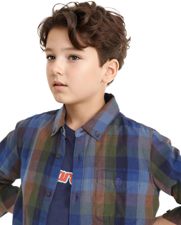 Rare Ones Kids Cal Blue Cotton Poly Full Sleeve Button Down Checked  Shirt