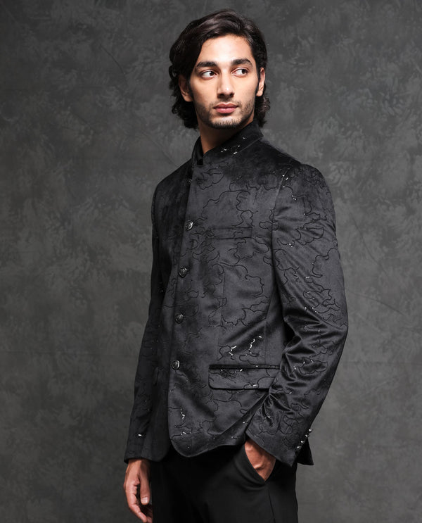 Rare Rabbit Men's Caldy Black Polyester Fabric Mandarin Collar Tailored Fit Sequin Embellished Velvet Bandhgala