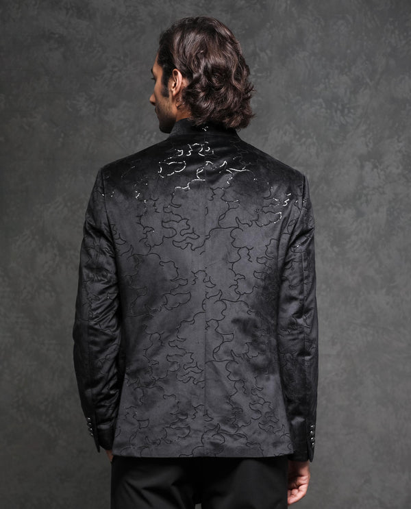 Rare Rabbit Men's Caldy Black Polyester Fabric Mandarin Collar Tailored Fit Sequin Embellished Velvet Bandhgala