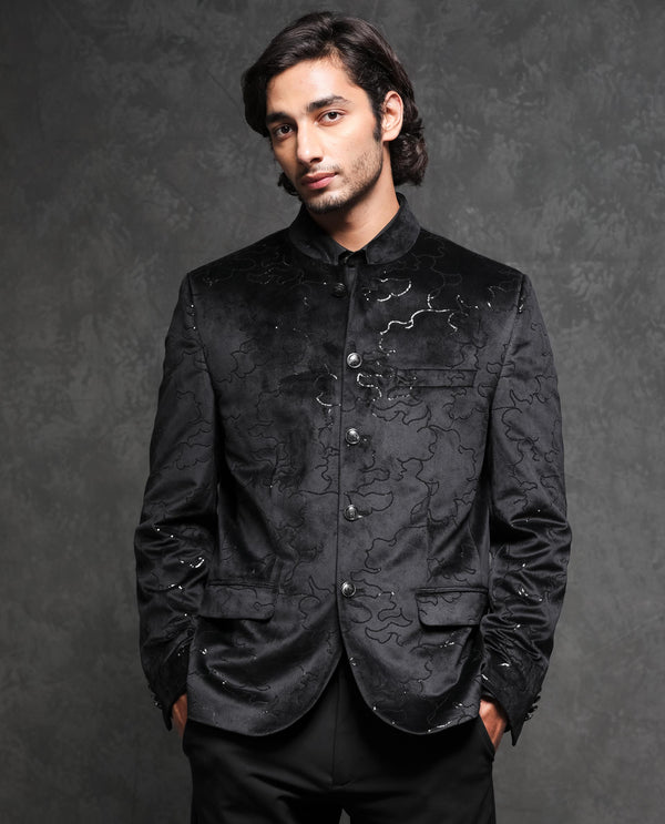 Rare Rabbit Men's Caldy Black Polyester Fabric Mandarin Collar Tailored Fit Sequin Embellished Velvet Bandhgala
