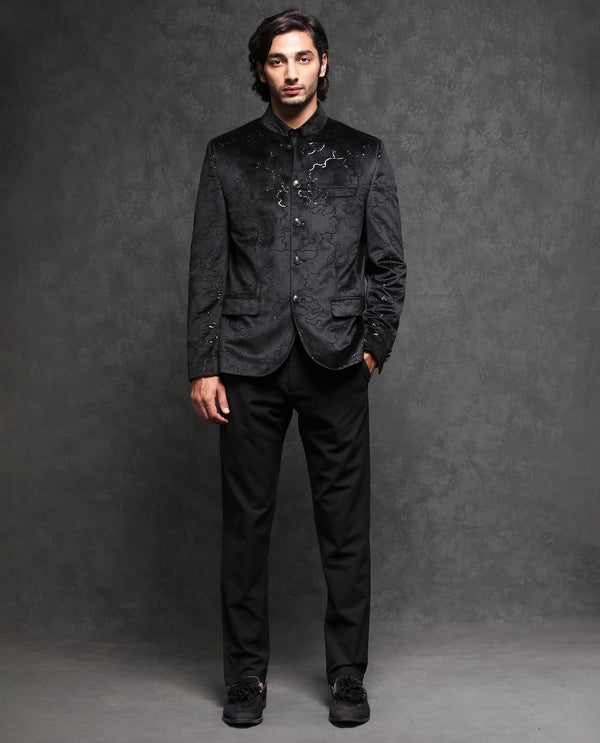 Rare Rabbit Men's Caldy Black Polyester Fabric Mandarin Collar Tailored Fit Sequin Embellished Velvet Bandhgala