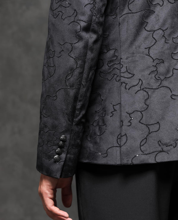Rare Rabbit Men's Caldy Black Polyester Fabric Mandarin Collar Tailored Fit Sequin Embellished Velvet Bandhgala