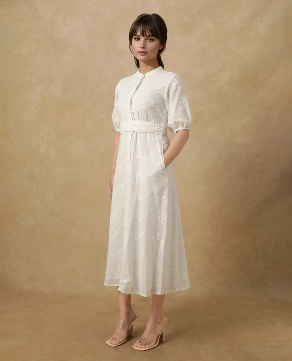 Rareism Women's Caledon White  Round Neck Button Closure Puff Sleeve Embroidered A-Line Midi Dress