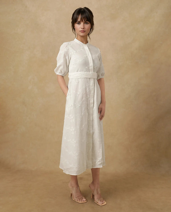 Rareism Women's Caledon White  Round Neck Button Closure Puff Sleeve Embroidered A-Line Midi Dress