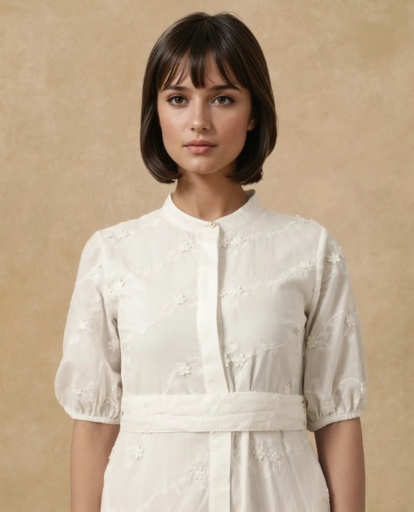 Rareism Women's Caledon White  Round Neck Button Closure Puff Sleeve Embroidered A-Line Midi Dress