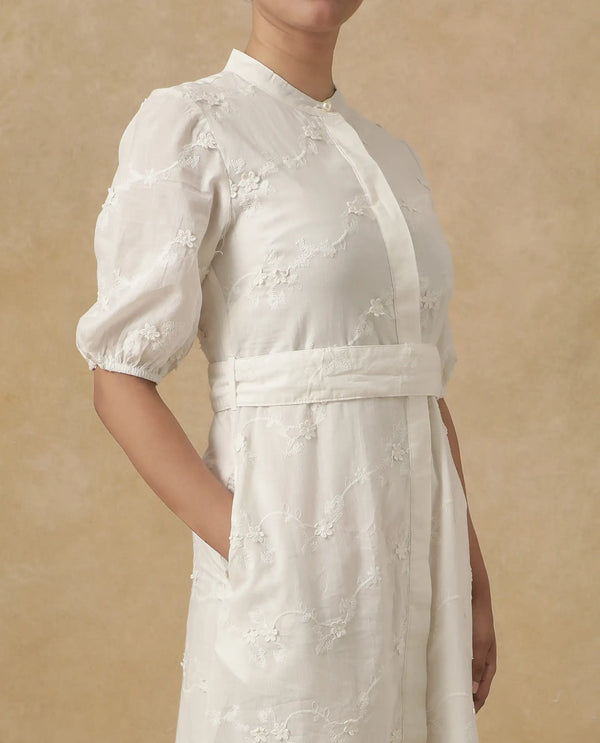 Rareism Women's Caledon White  Round Neck Button Closure Puff Sleeve Embroidered A-Line Midi Dress
