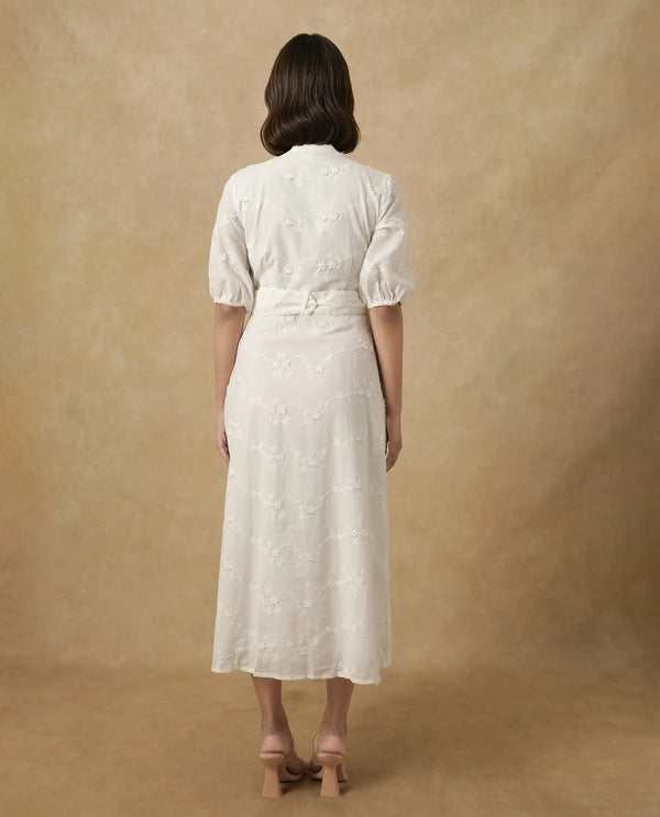 Rareism Women's Caledon White  Round Neck Button Closure Puff Sleeve Embroidered A-Line Midi Dress