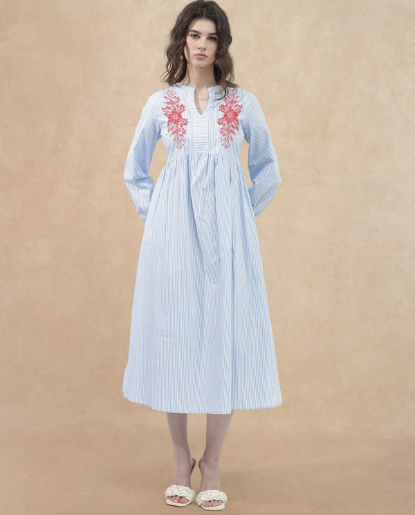 Rareism Women Calia Blue Cotton Fabric Regular Sleeves Collared Neck Solid Longline Dress