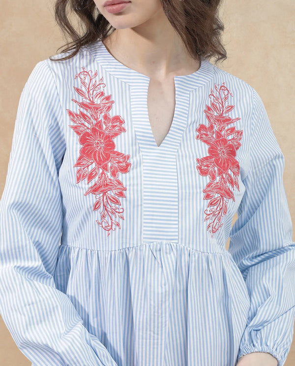 Rareism Women Calia Blue Cotton Fabric Regular Sleeves Collared Neck Solid Longline Dress
