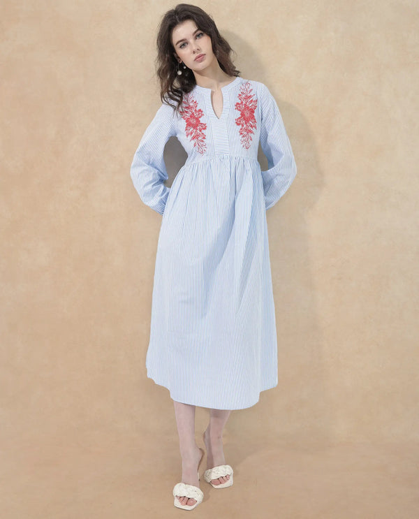 Rareism Women Calia Blue Cotton Fabric Regular Sleeves Collared Neck Solid Longline Dress