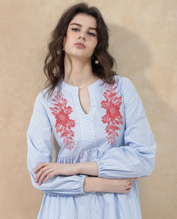 Rareism Women Calia Blue Cotton Fabric Regular Sleeves Collared Neck Solid Longline Dress