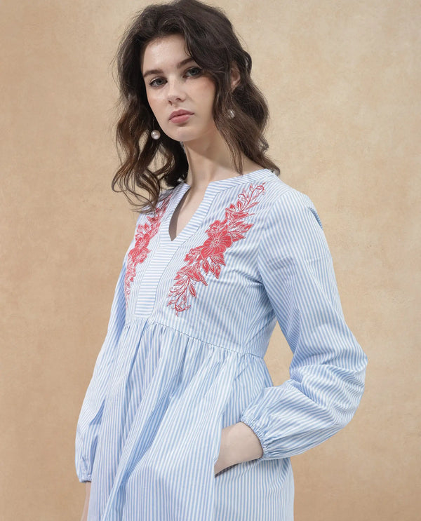 Rareism Women Calia Blue Cotton Fabric Regular Sleeves Collared Neck Solid Longline Dress