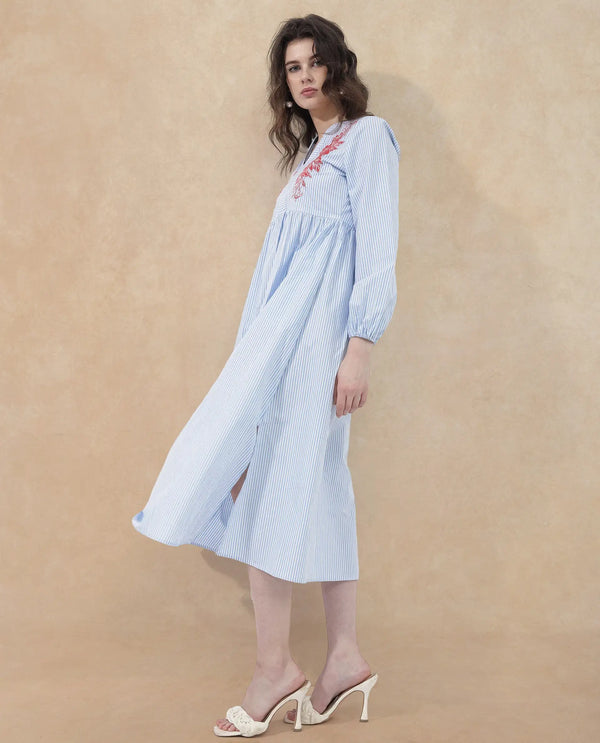 Rareism Women Calia Blue Cotton Fabric Regular Sleeves Collared Neck Solid Longline Dress