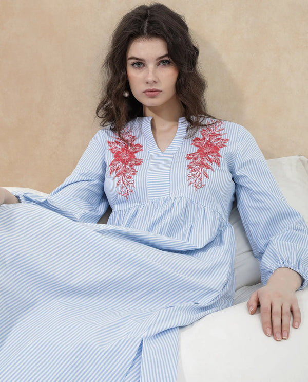 Rareism Women Calia Blue Cotton Fabric Regular Sleeves Collared Neck Solid Longline Dress