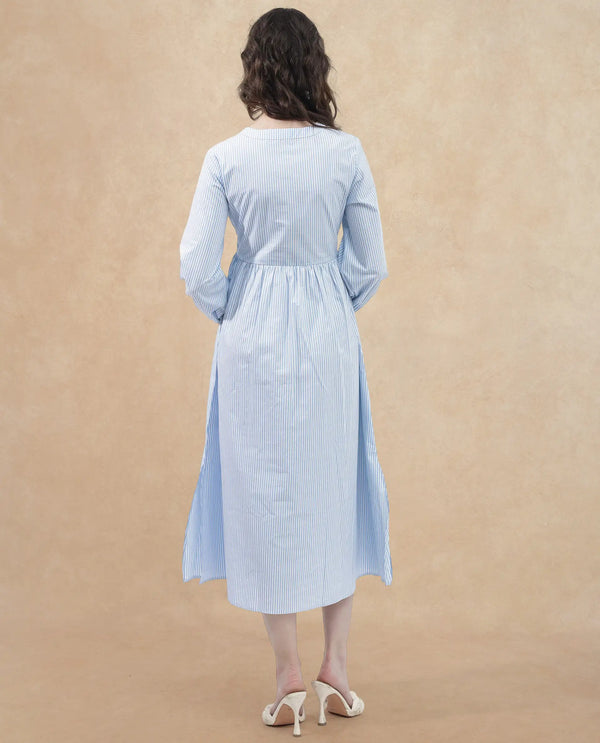 Rareism Women Calia Blue Cotton Fabric Regular Sleeves Collared Neck Solid Longline Dress