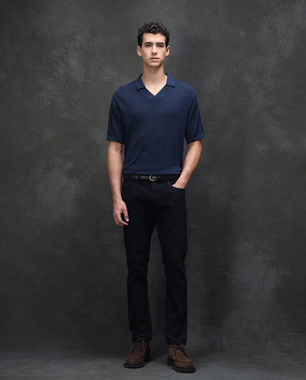 Rare Rabbit Men's Calin Dark Navy Cotton Blend Fabric Shank And Zip Closure Hawk Slim Fit Plain Jeans