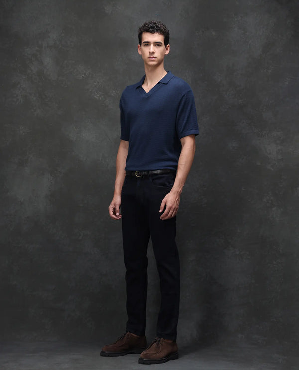 Rare Rabbit Men's Calin Dark Navy Cotton Blend Fabric Shank And Zip Closure Hawk Slim Fit Plain Jeans